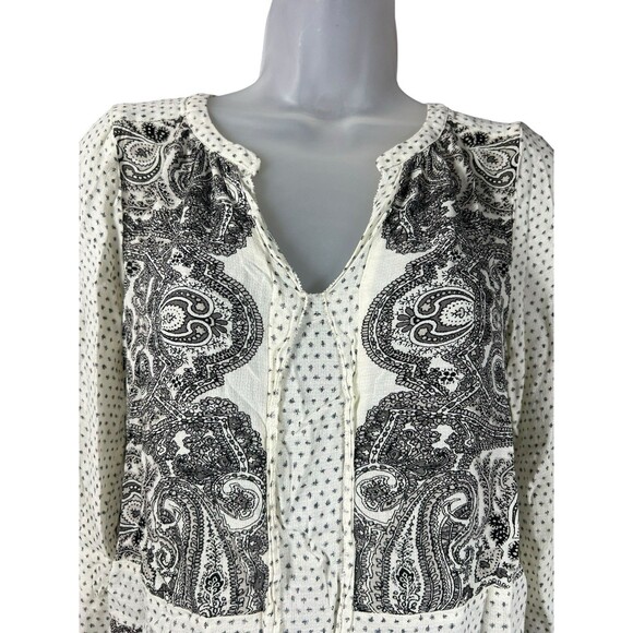 Lucky Brand Boho Peasant Top Small Black White Paisley Print Long Sleeve - Picture 5 of 9